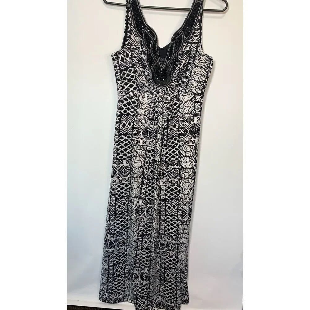 RNStudio by Ronni Nicole Womens Tribal Print Beaded Maxi Dress Black White Small